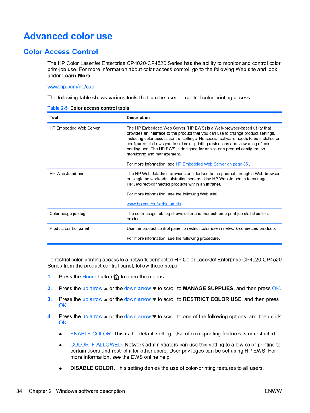 HP CP4520 manual Advanced color use, Color Access Control, 5Color access control tools, Tool Description 