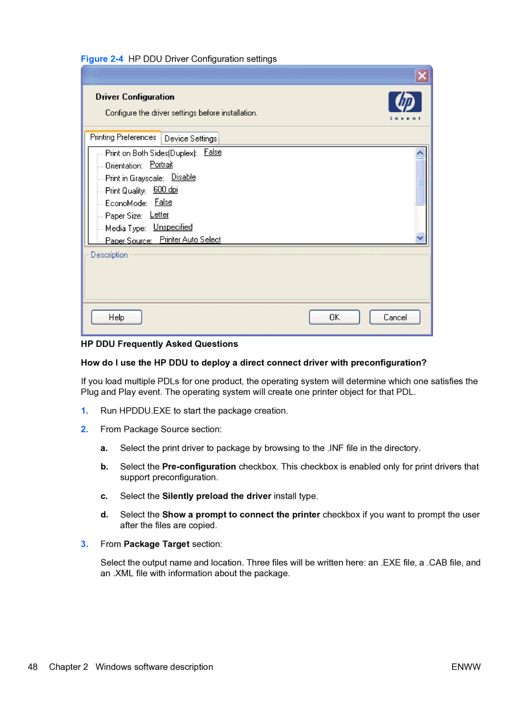 HP CP4520 manual Select the Silently preload the driver install type, From Package Target section 