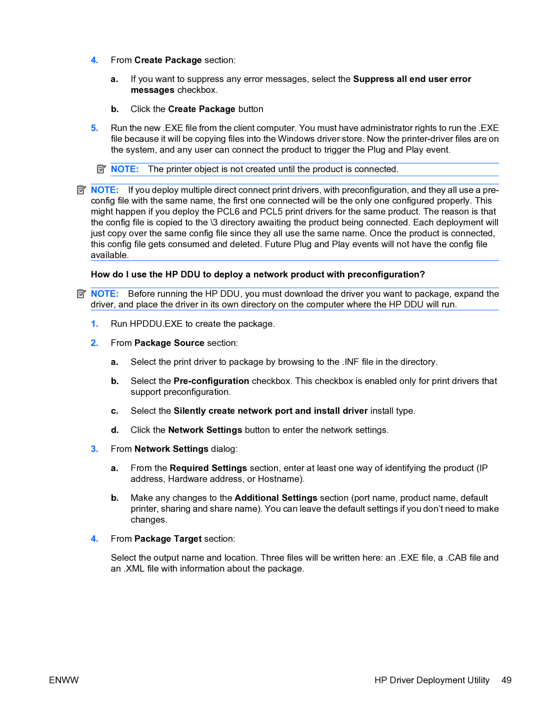 HP CP4520 manual From Create Package section, From Package Source section, From Network Settings dialog 