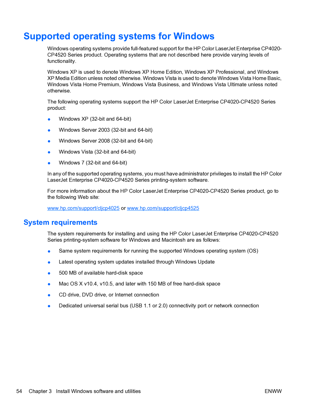 HP CP4520 manual Supported operating systems for Windows, System requirements 