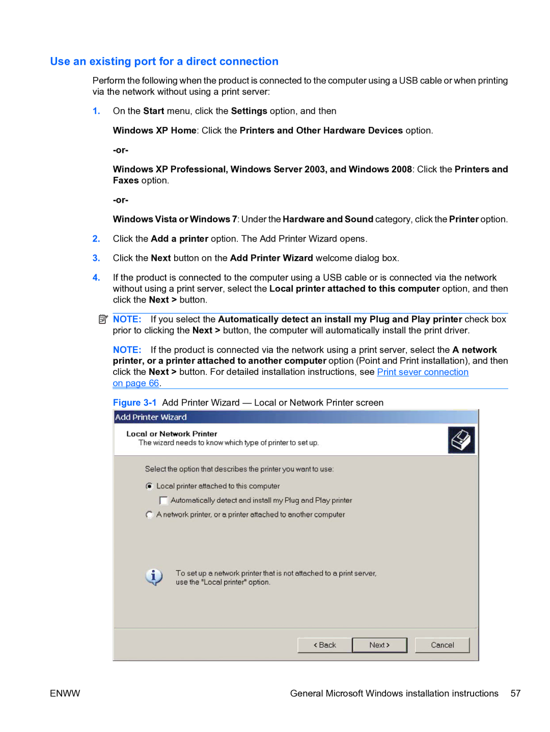 HP CP4520 manual Use an existing port for a direct connection, 1Add Printer Wizard Local or Network Printer screen 