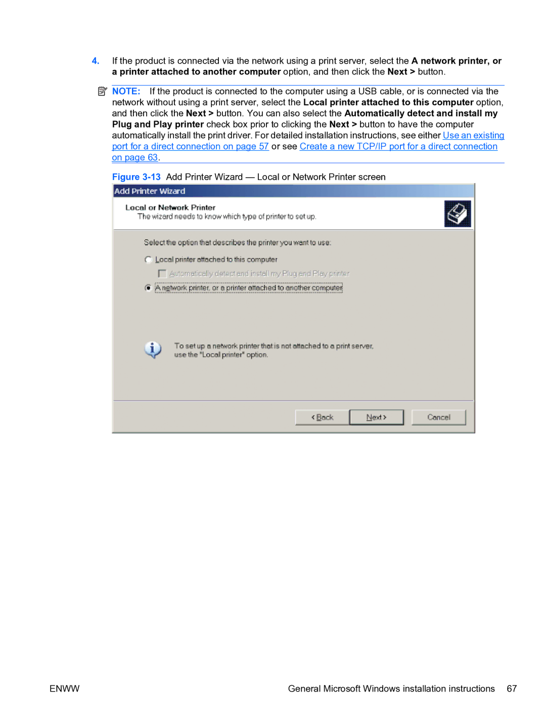 HP CP4520 manual 13Add Printer Wizard Local or Network Printer screen 
