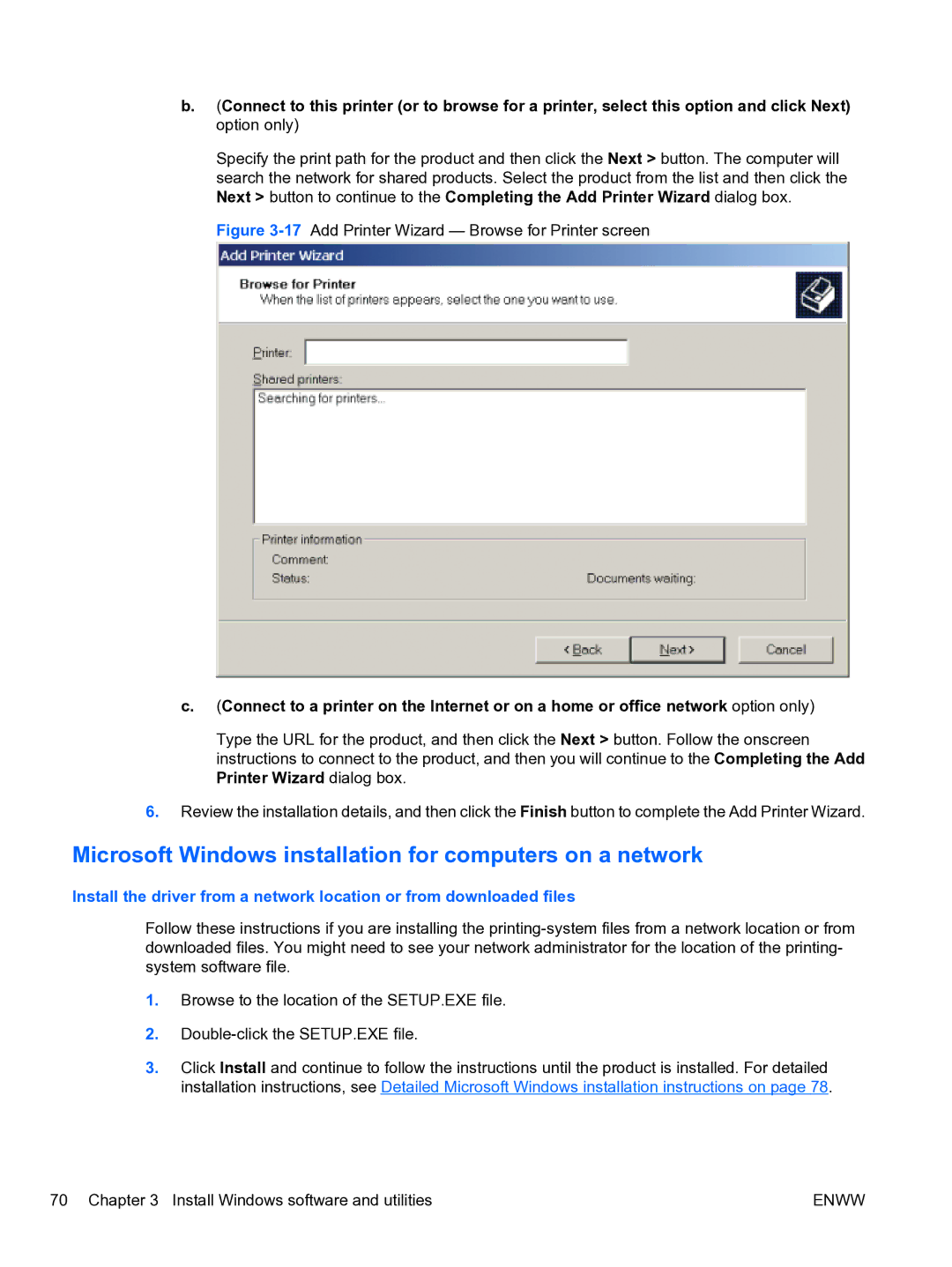 HP CP4520 manual Microsoft Windows installation for computers on a network, 17Add Printer Wizard Browse for Printer screen 