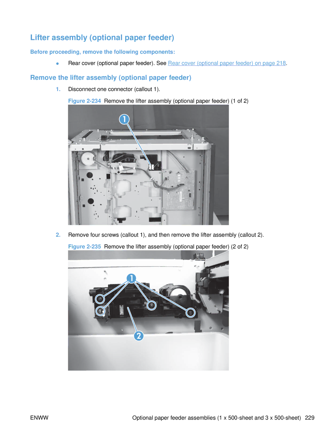 HP CP4525DN Laser CC494A#ABA manual Lifter assembly optional paper feeder, Remove the lifter assembly optional paper feeder 