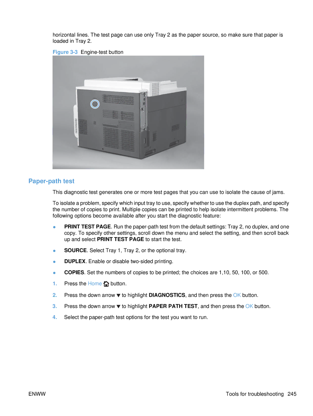 HP CP4525DN Laser CC494A#ABA manual Paper-path test, 3Engine-test button 