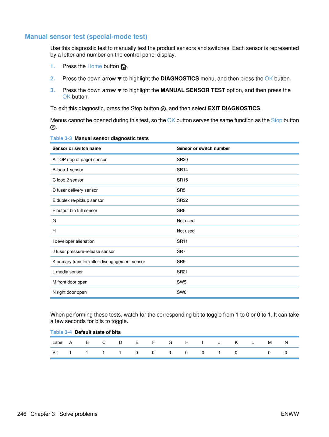 HP CP4525DN Laser CC494A#ABA Manual sensor test special-mode test, 3Manual sensor diagnostic tests, Default state of bits 