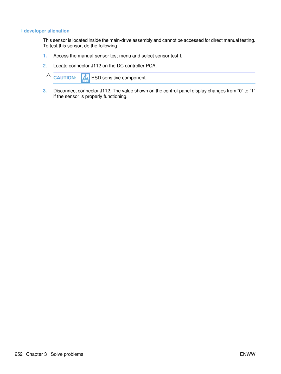 HP CP4525DN Laser CC494A#ABA manual Developer alienation, ESD sensitive component 