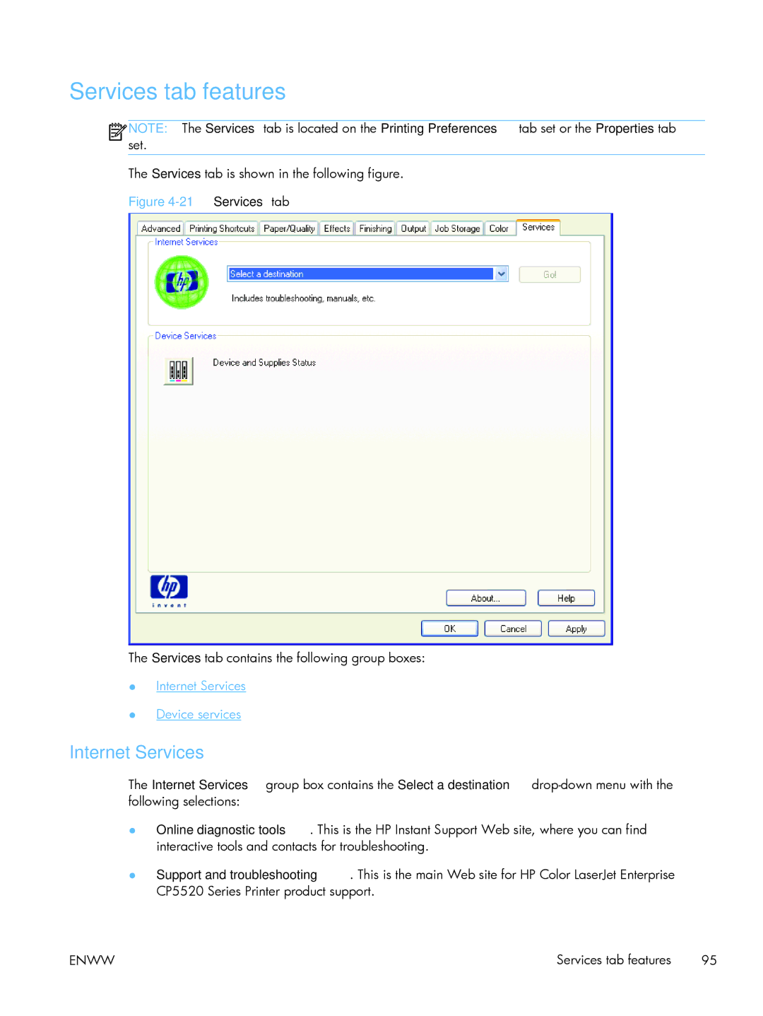 HP CP5520 CP5525DN Laser CE708A#BGJ, CP5520 Laser CP5520 manual Services tab features, Internet Services 