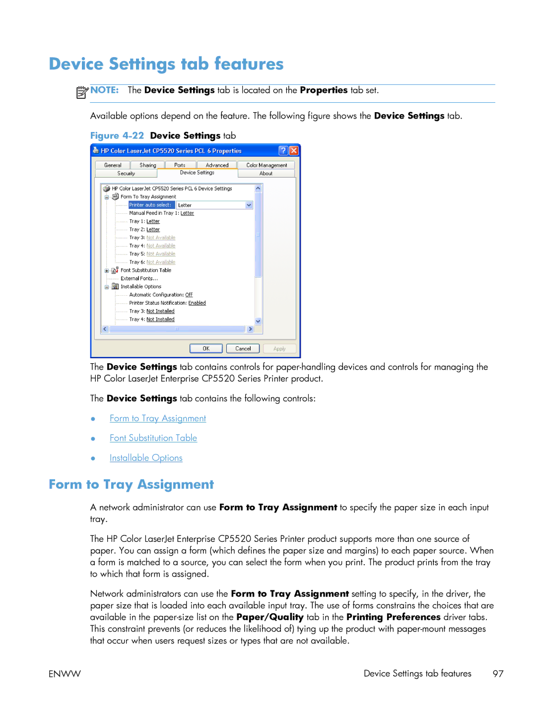 HP CP5520 CP5525DN Laser CE708A#BGJ, CP5520 Laser CP5520 manual Device Settings tab features, Form to Tray Assignment 