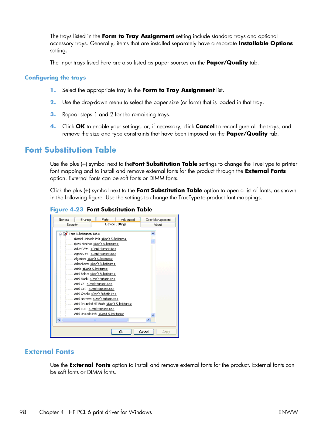 HP CP5520 Laser CP5520, CP5520 CP5525DN Laser CE708A#BGJ Font Substitution Table, External Fonts, Configuring the trays 