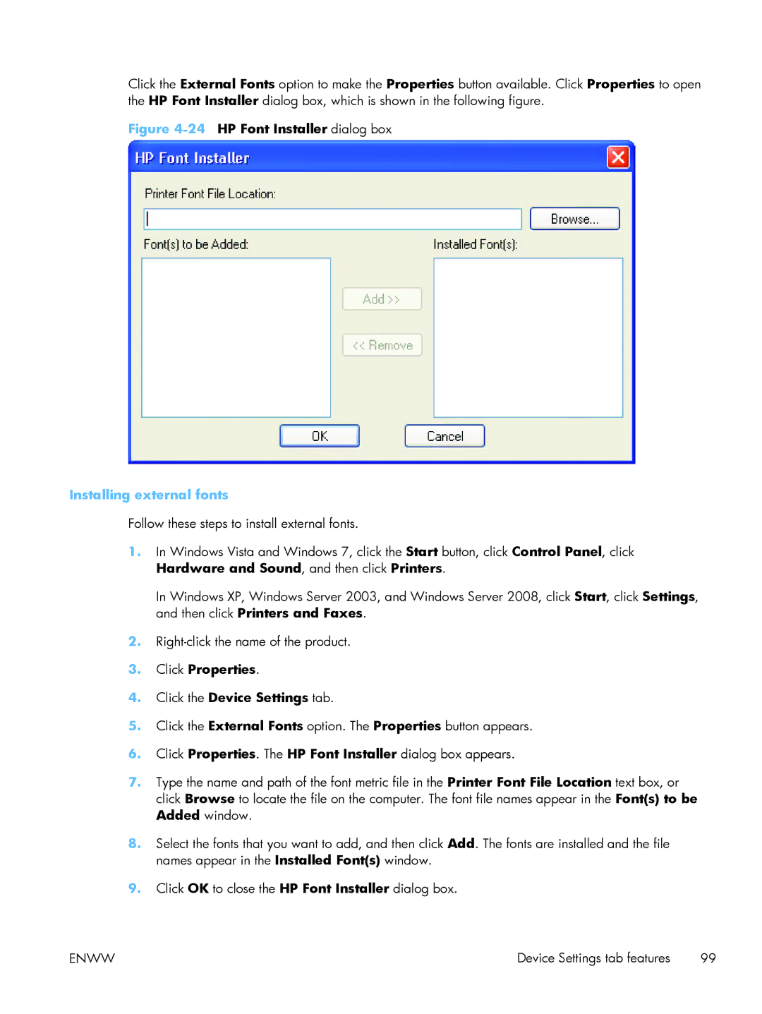 HP CP5520 CP5525DN Laser CE708A#BGJ, CP5520 Laser CP5520 manual 24HP Font Installer dialog box, Installing external fonts 