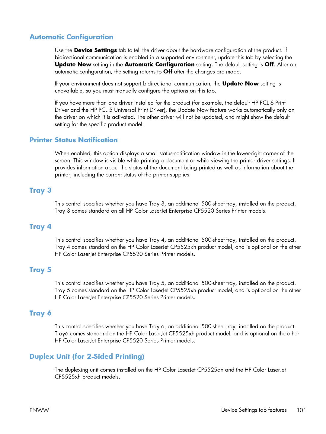 HP CP5520 CP5525DN Laser CE708A#BGJ, CP5520 Laser CP5520 manual Automatic Configuration, Printer Status Notification, Tray 
