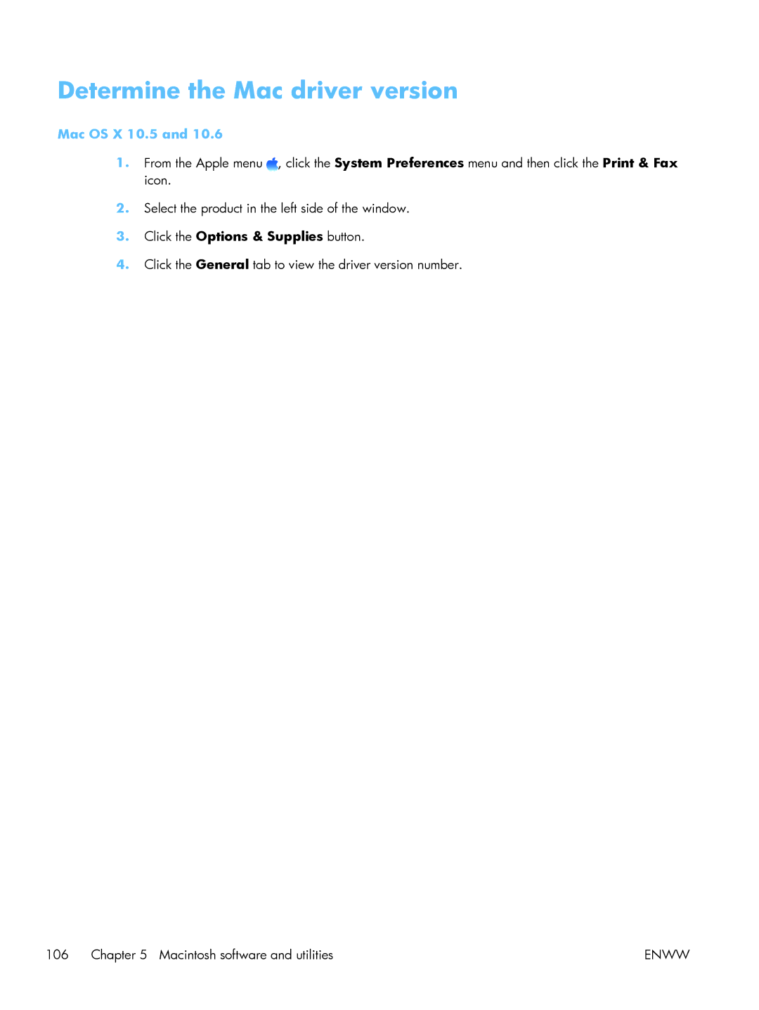 HP CP5520 Laser CP5520 manual Determine the Mac driver version, Mac OS X 10.5, Click the Options & Supplies button 