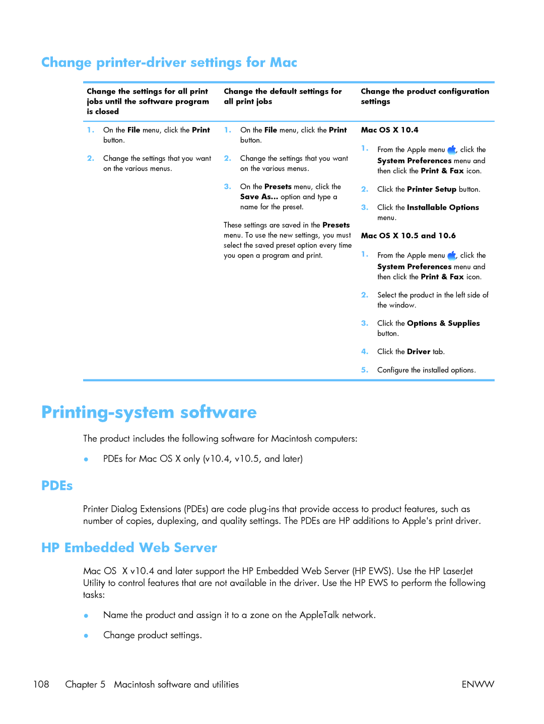 HP CP5520 Laser CP5520 Printing-system software, Change printer-driver settings for Mac, PDEs, HP Embedded Web Server 