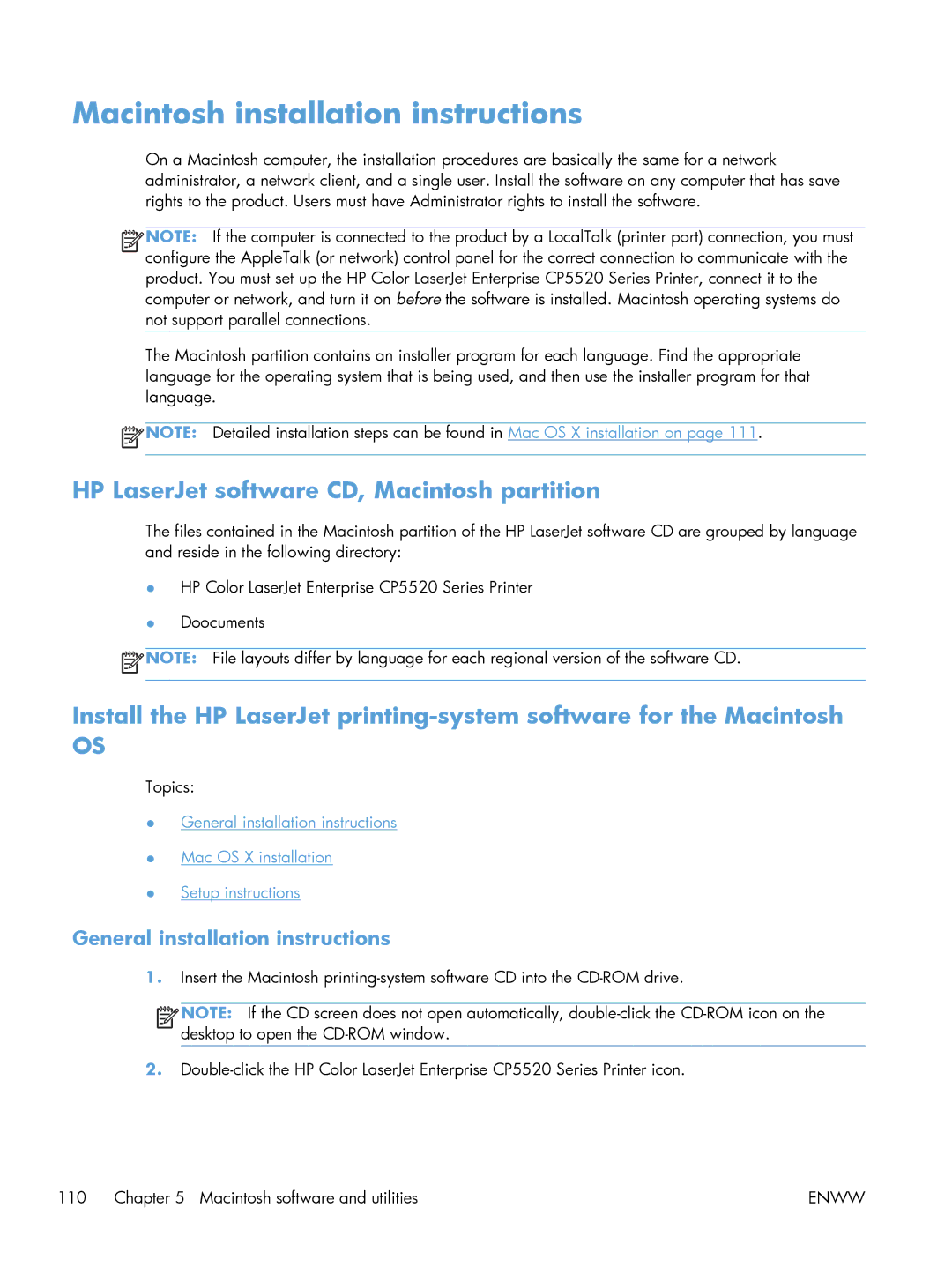 HP CP5520 Laser CP5520 manual Macintosh installation instructions, HP LaserJet software CD, Macintosh partition 