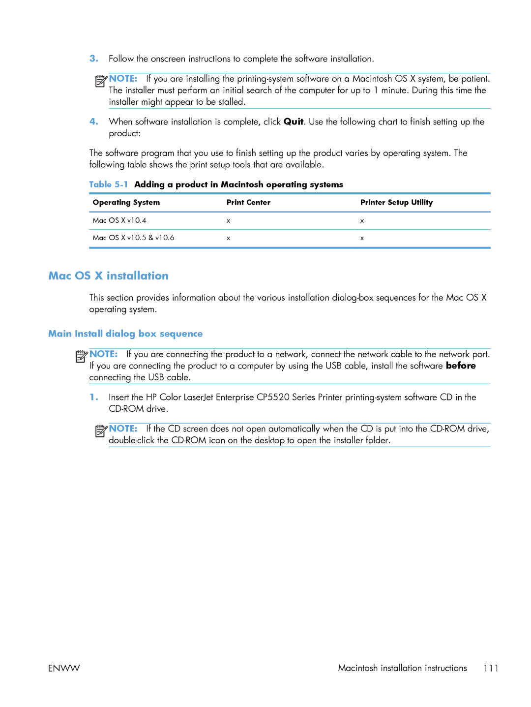 HP CP5520 CP5525DN Laser CE708A#BGJ, CP5520 Laser CP5520 manual Mac OS X installation, Main Install dialog box sequence 
