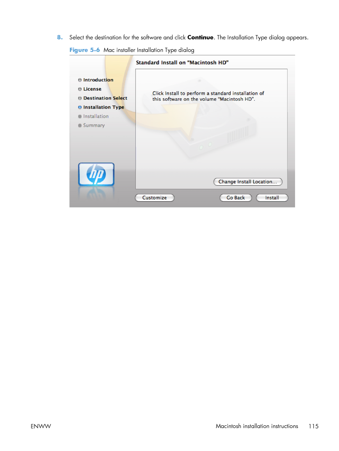 HP CP5520 CP5525DN Laser CE708A#BGJ, CP5520 Laser CP5520 manual 6Mac installer Installation Type dialog 