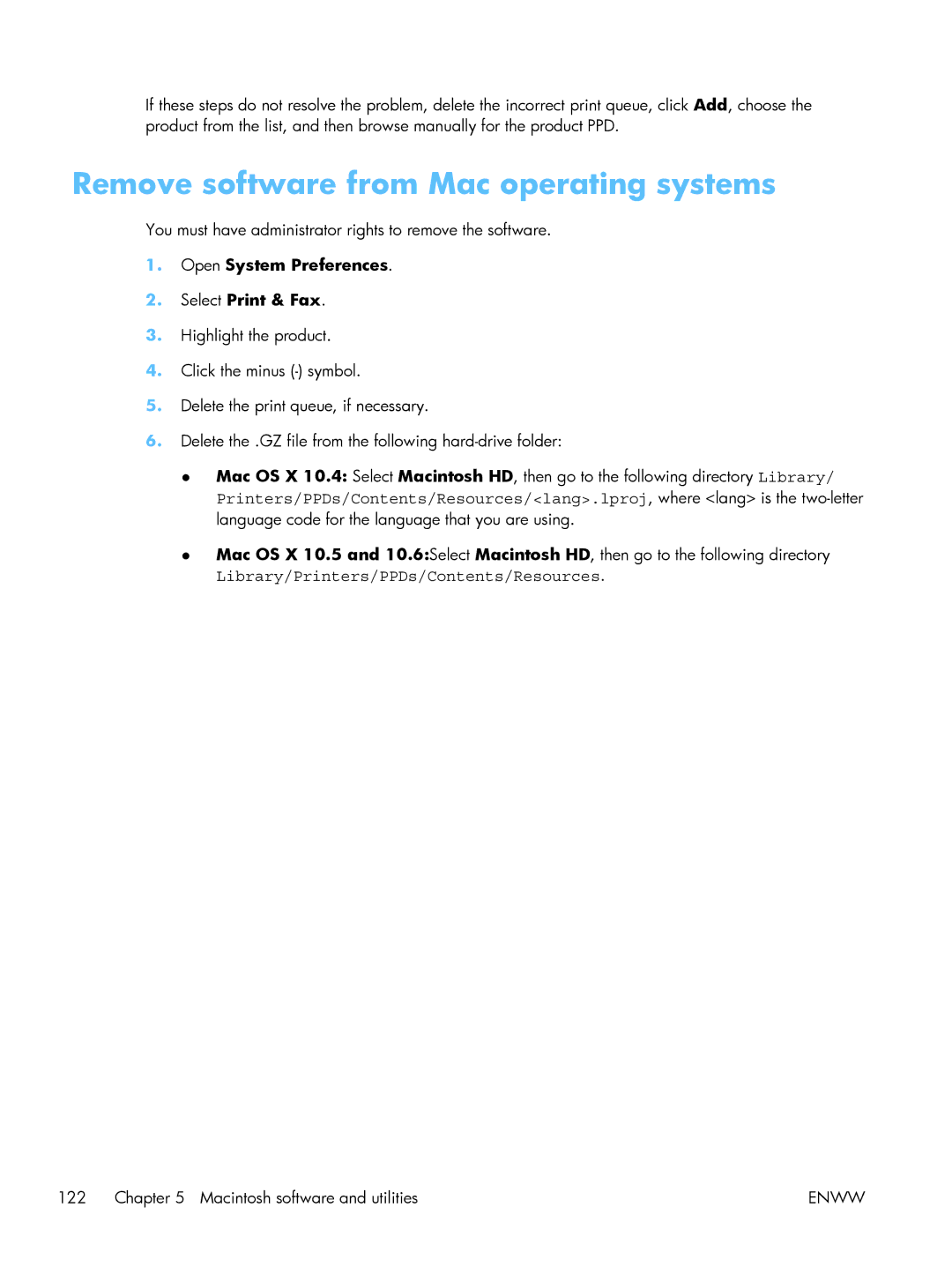 HP CP5520 Laser CP5520 manual Remove software from Mac operating systems, Open System Preferences Select Print & Fax 