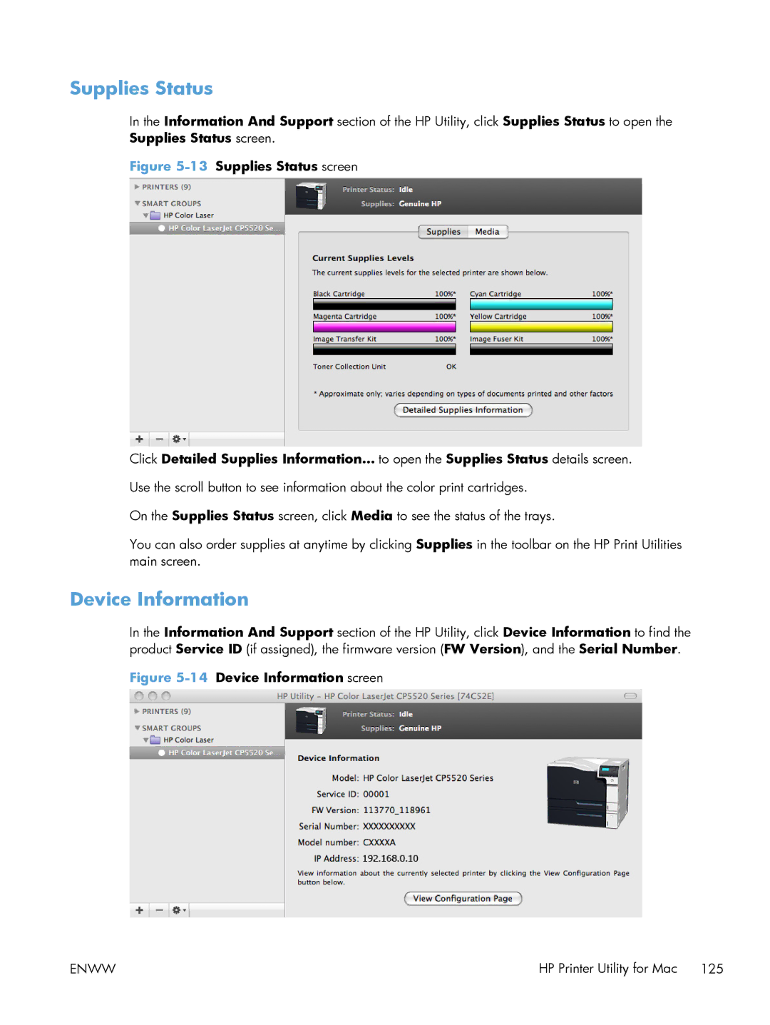 HP CP5520 CP5525DN Laser CE708A#BGJ, CP5520 Laser CP5520 manual Supplies Status, Device Information 