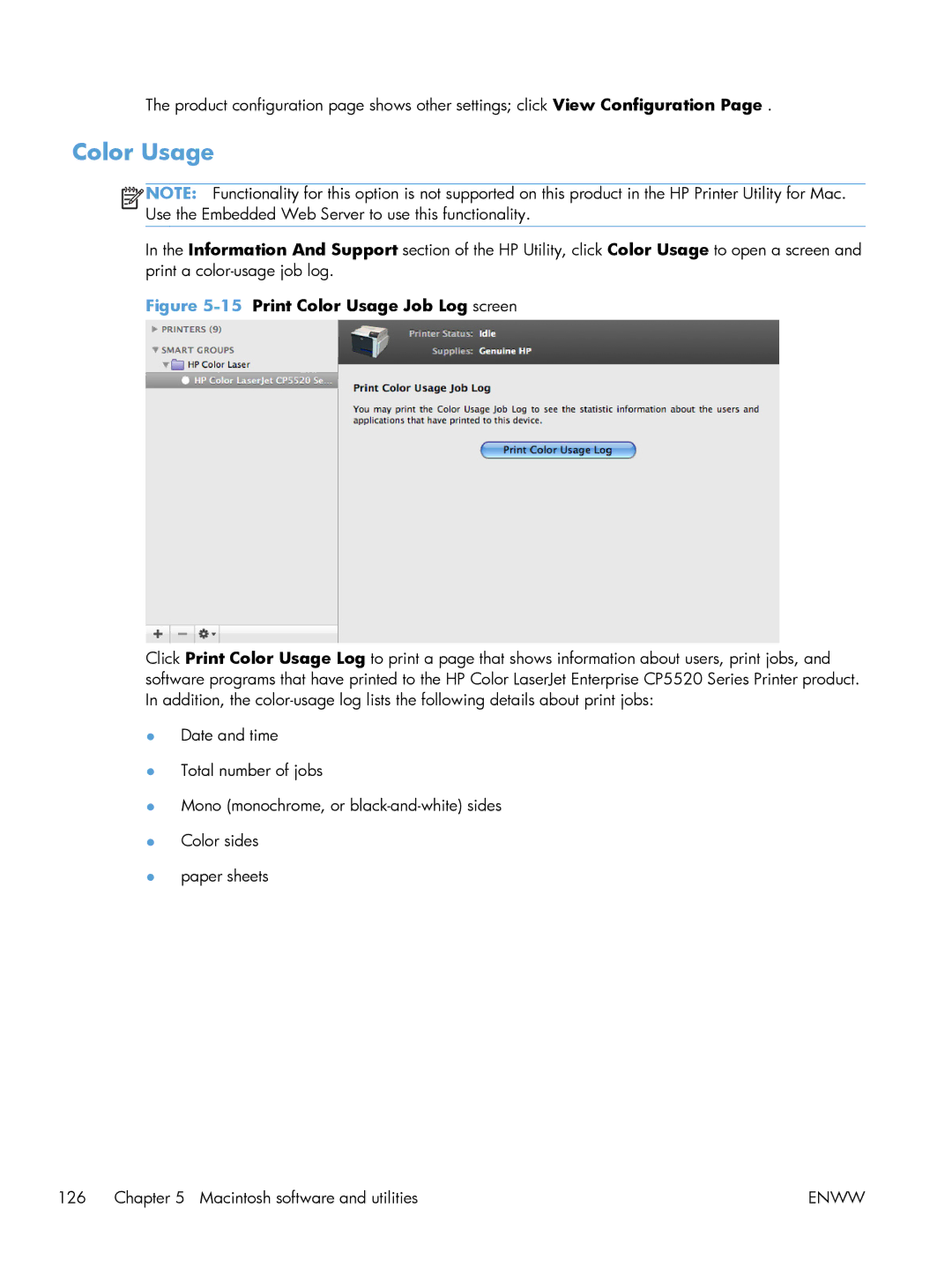 HP CP5520 Laser CP5520, CP5520 CP5525DN Laser CE708A#BGJ manual 15Print Color Usage Job Log screen 