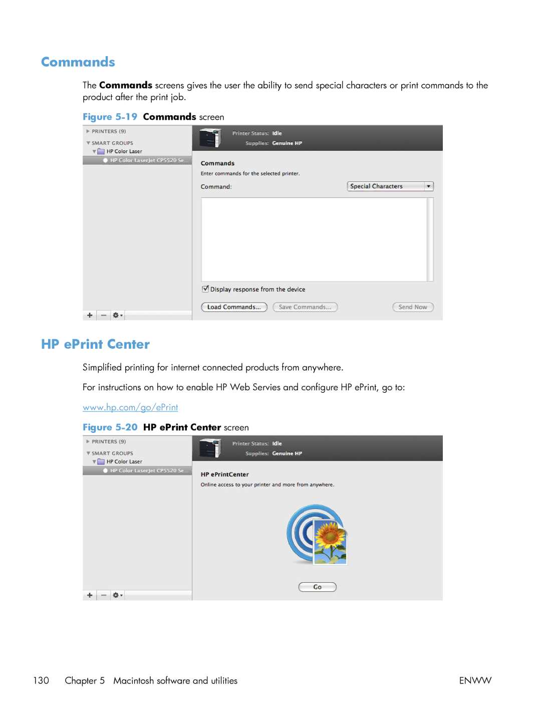 HP CP5520 Laser CP5520, CP5520 CP5525DN Laser CE708A#BGJ manual Commands, HP ePrint Center 