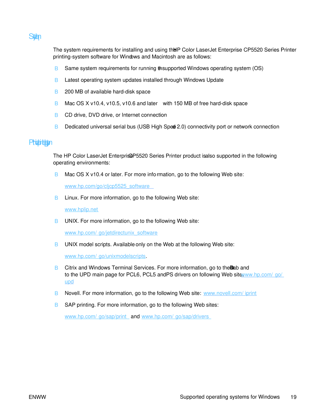 HP CP5520 CP5525DN Laser CE708A#BGJ manual System requirements, Print driver support in other operating systems 
