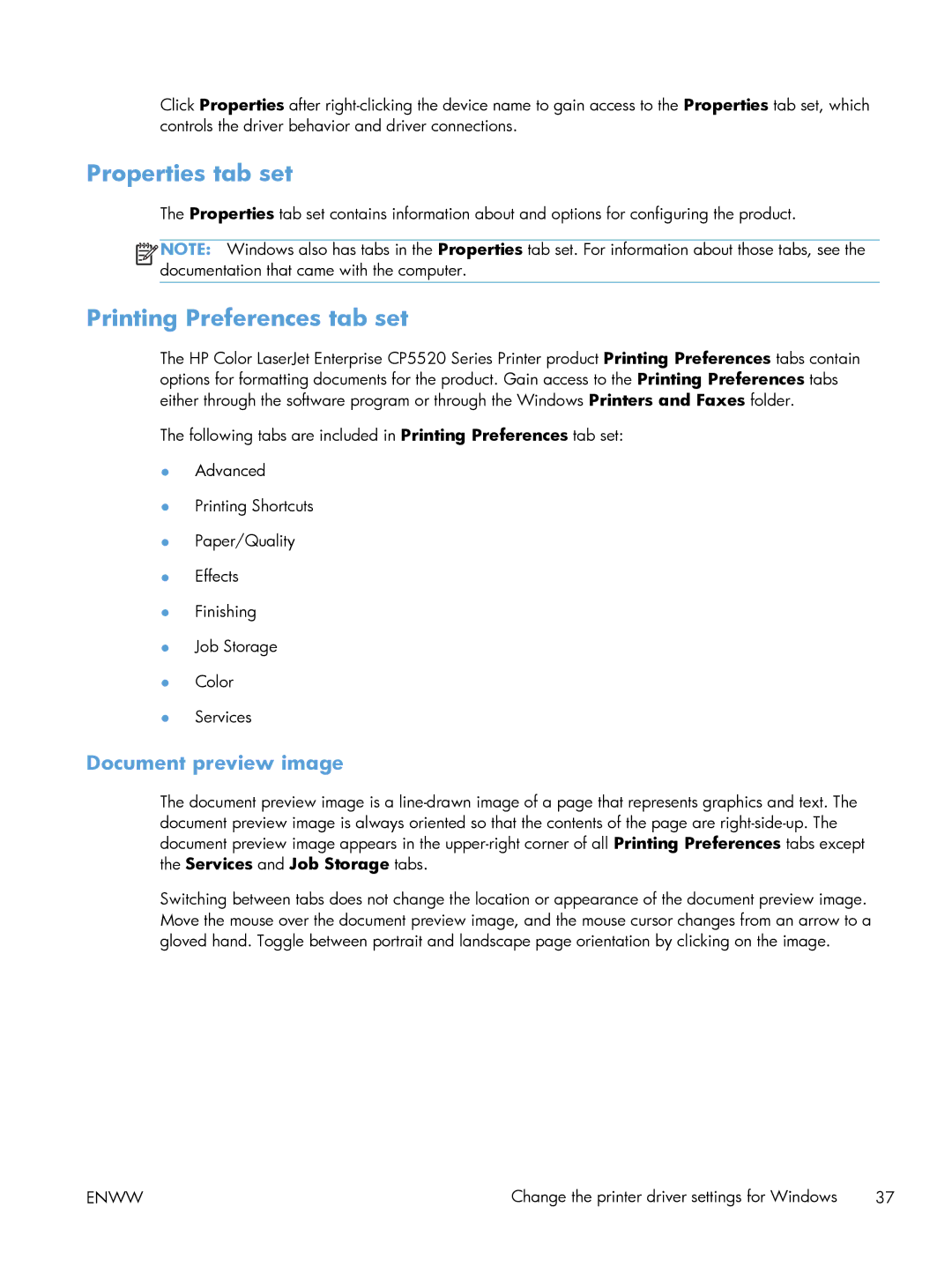 HP CP5520 CP5525DN Laser CE708A#BGJ manual Properties tab set, Printing Preferences tab set, Document preview image 