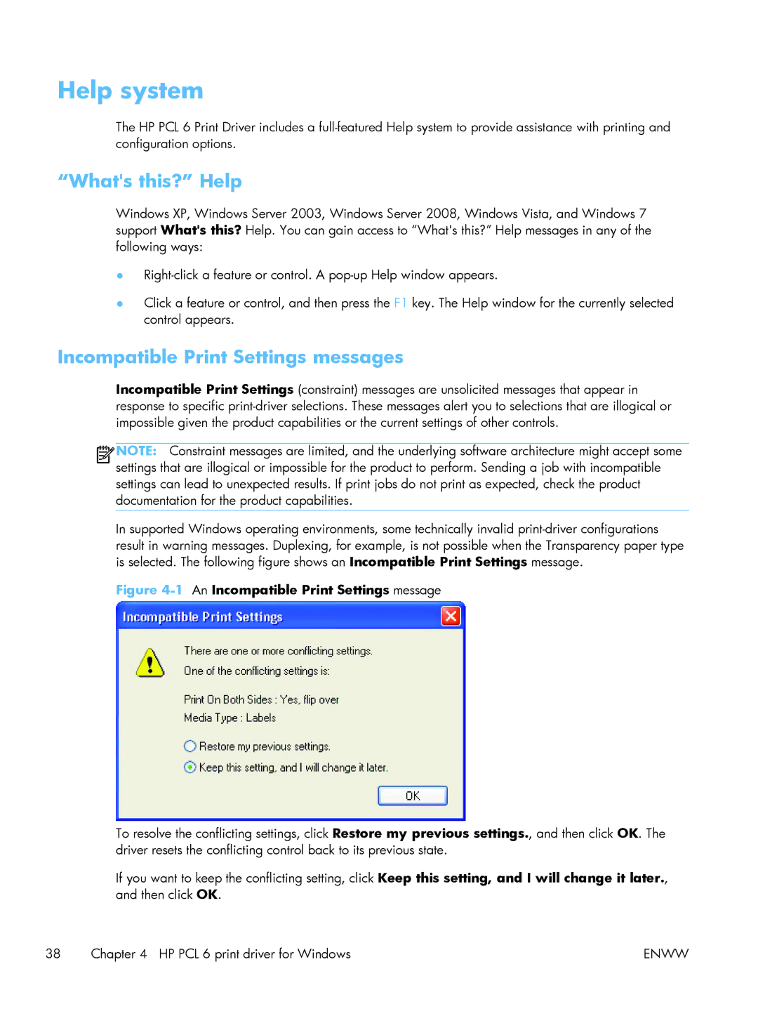 HP CP5520 Laser CP5520 manual Help system, Whats this? Help, Incompatible Print Settings messages 