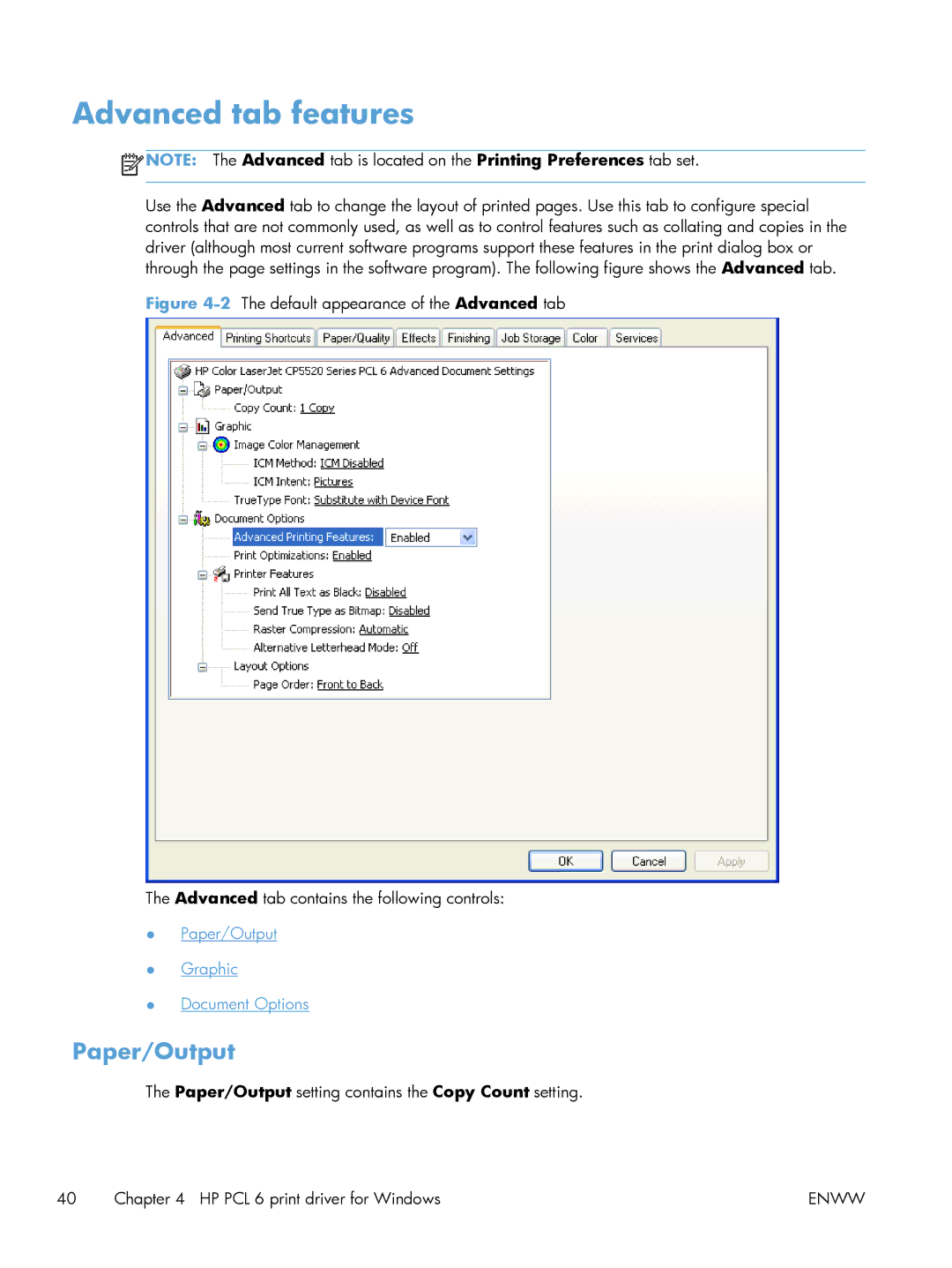 HP CP5520 Laser CP5520, CP5520 CP5525DN Laser CE708A#BGJ manual Advanced tab features, Paper/Output 
