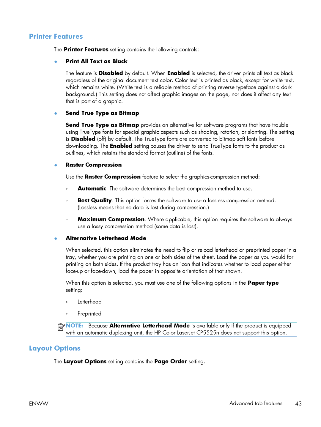 HP CP5520 CP5525DN Laser CE708A#BGJ, CP5520 Laser CP5520 manual Printer Features, Layout Options 