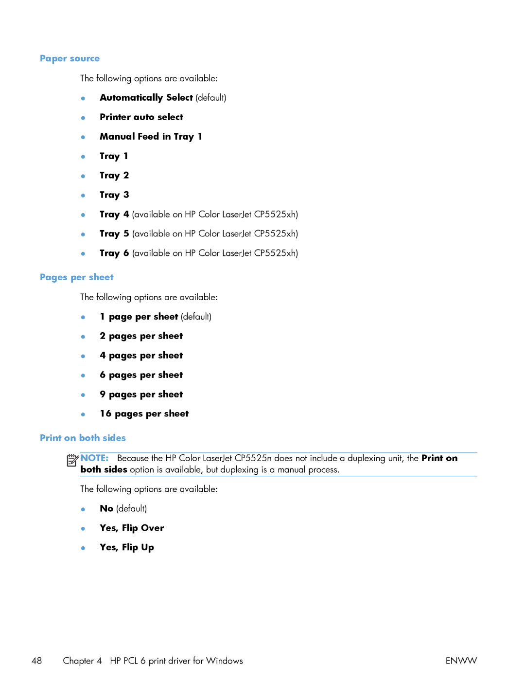 HP CP5520 Laser CP5520 manual Paper source, Per sheet default Pages per sheet, Print on both sides 