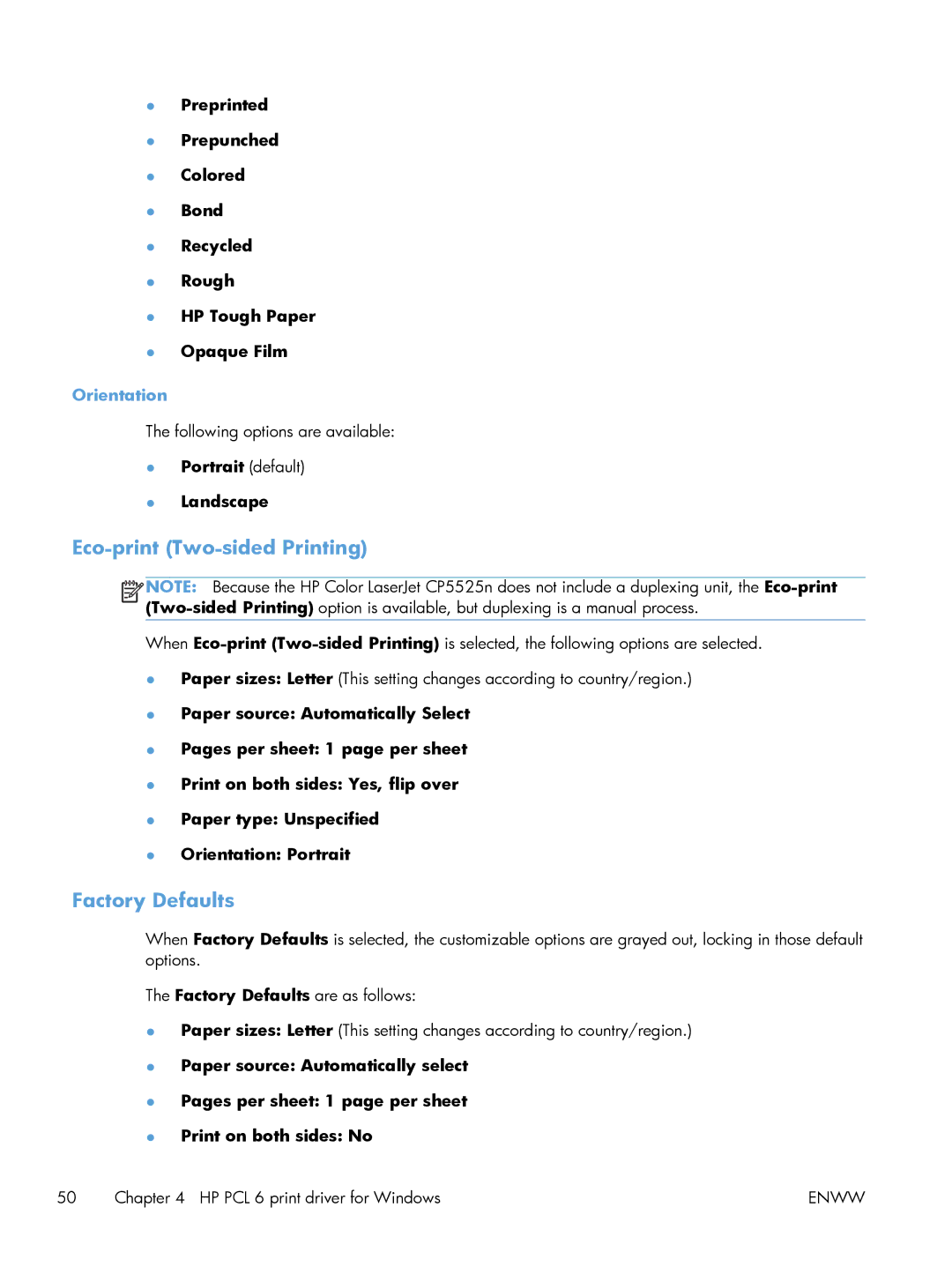 HP CP5520 Laser CP5520 manual Eco-print Two-sided Printing, Factory Defaults, Orientation, Portrait default Landscape 