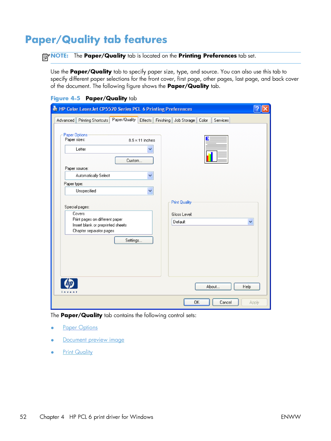 HP CP5520 Laser CP5520, CP5520 CP5525DN Laser CE708A#BGJ manual Paper/Quality tab features, 5Paper/Quality tab 