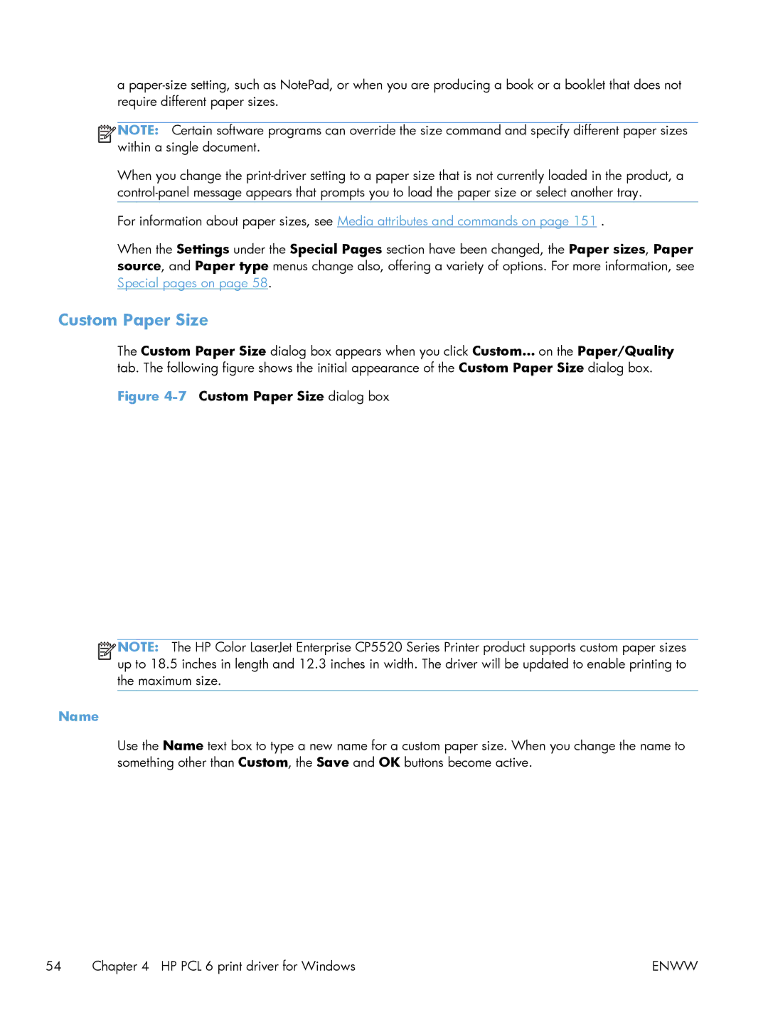 HP CP5520 Laser CP5520, CP5520 CP5525DN Laser CE708A#BGJ manual Custom Paper Size, Name 