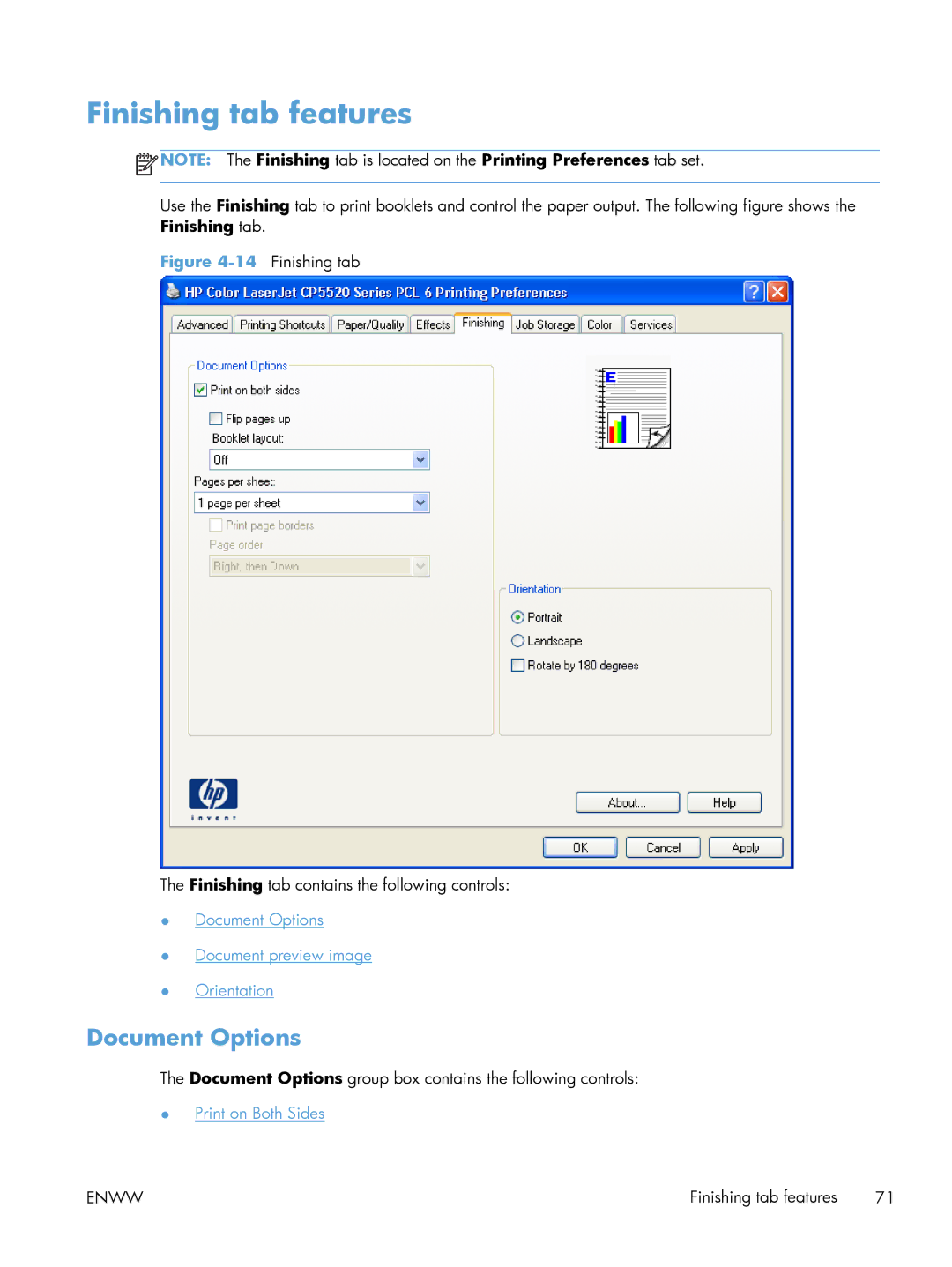 HP CP5520 CP5525DN Laser CE708A#BGJ, CP5520 Laser CP5520 manual Finishing tab features, Document Options 