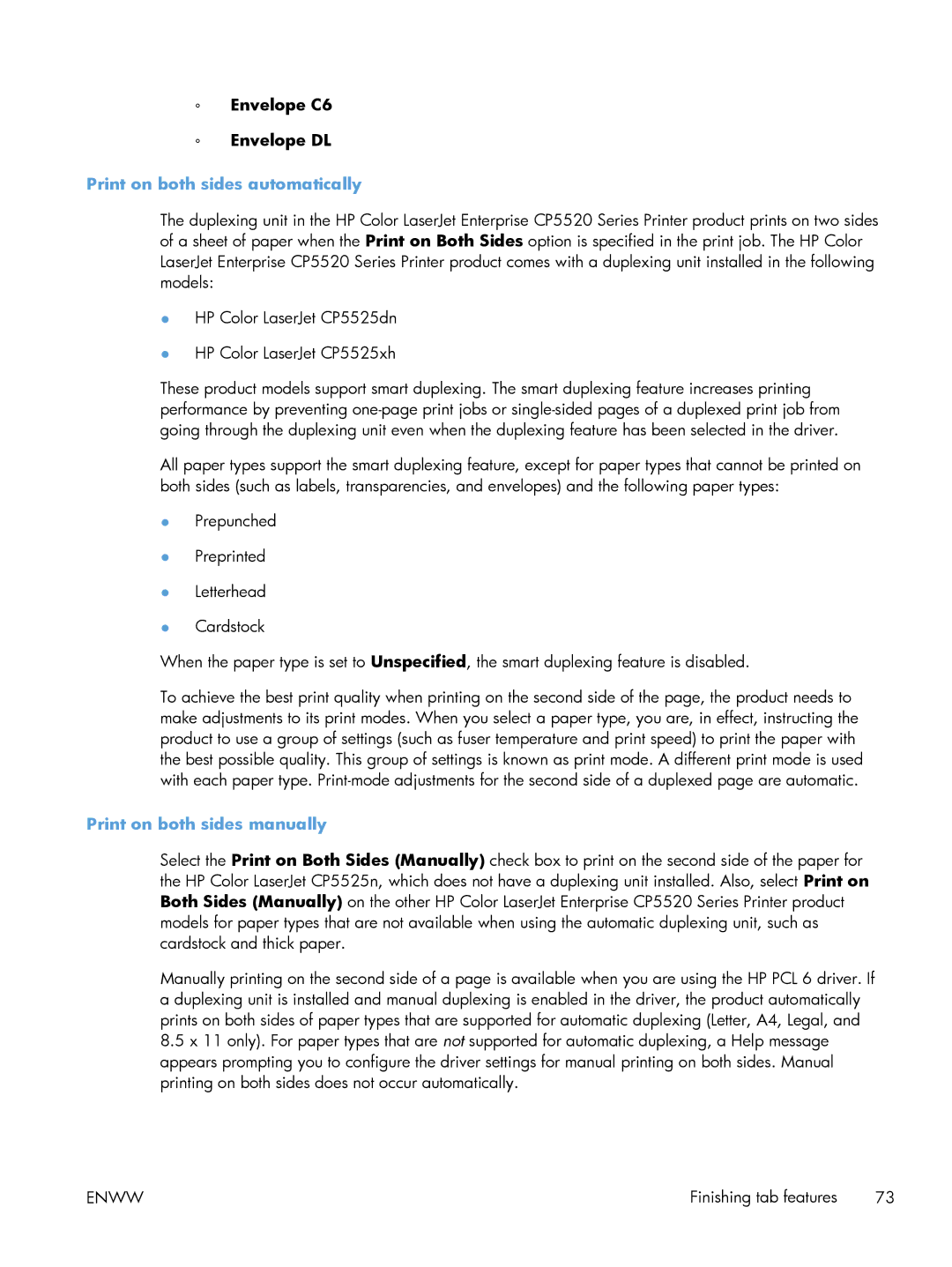HP CP5520 CP5525DN Laser CE708A#BGJ, CP5520 Laser CP5520 manual Envelope C6 Envelope DL, Print on both sides automatically 