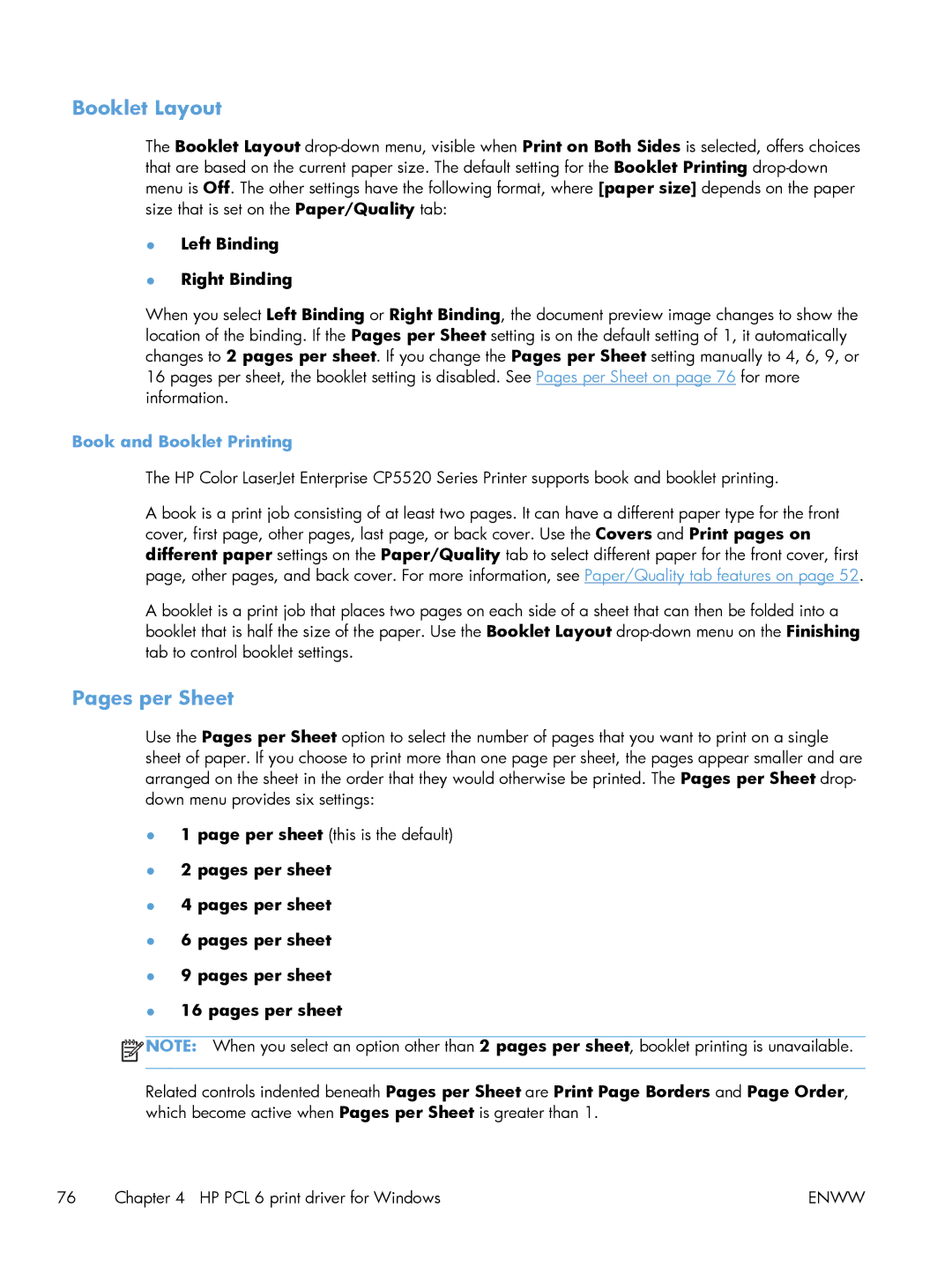 HP CP5520 Laser CP5520 manual Booklet Layout, Pages per Sheet, Left Binding Right Binding, Book and Booklet Printing 