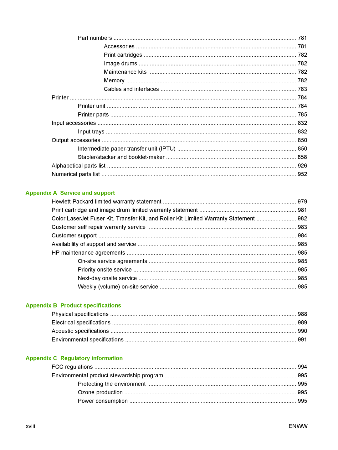 HP CP6015de manual Appendix a Service and support, Appendix B Product specifications, Appendix C Regulatory information 