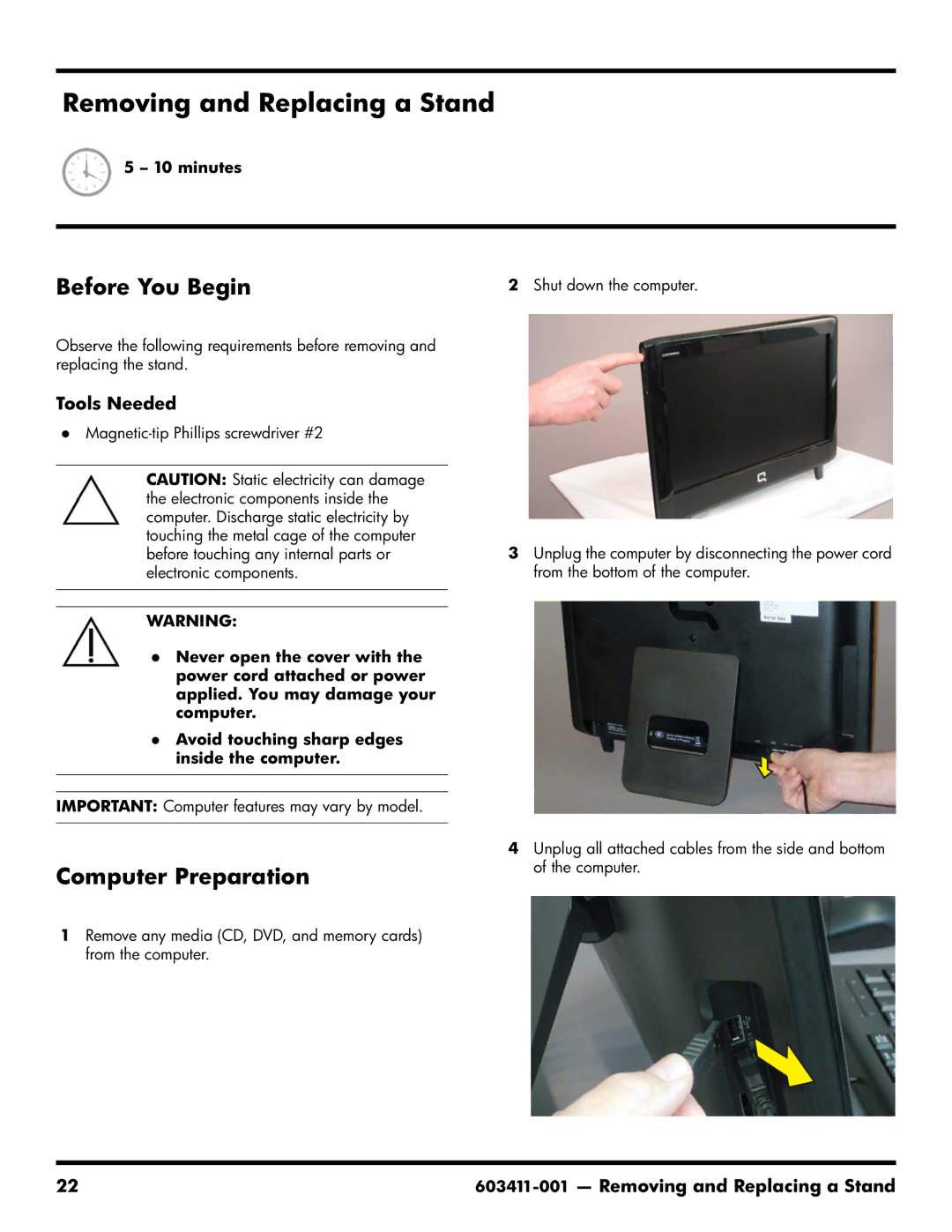 HP CQ1-1130, CQ1-1225, CQ1-1020 manual Removing and Replacing a Stand 