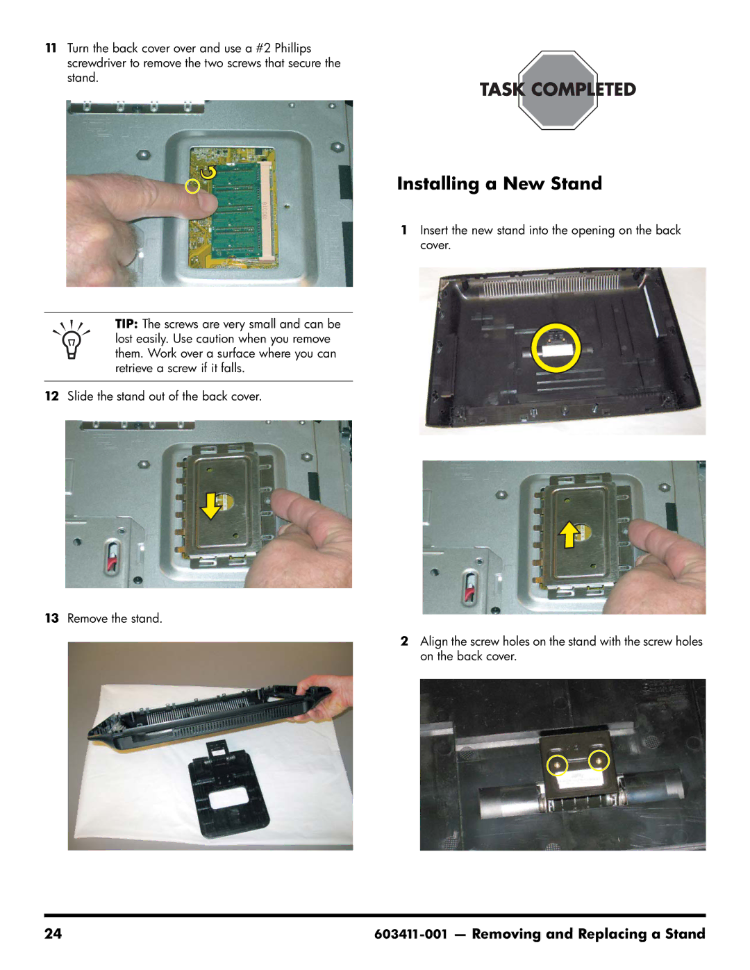 HP CQ1-1020, CQ1-1130, CQ1-1225 manual Installing a New Stand 