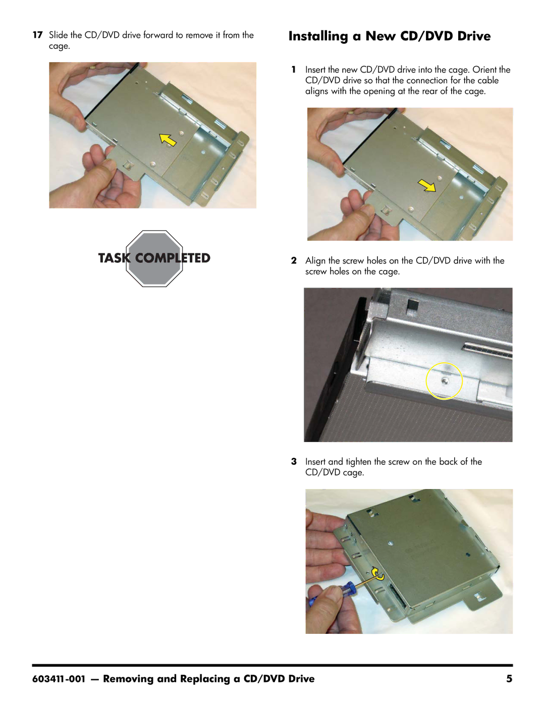 HP CQ1-1225, CQ1-1130, CQ1-1020 manual Installing a New CD/DVD Drive 