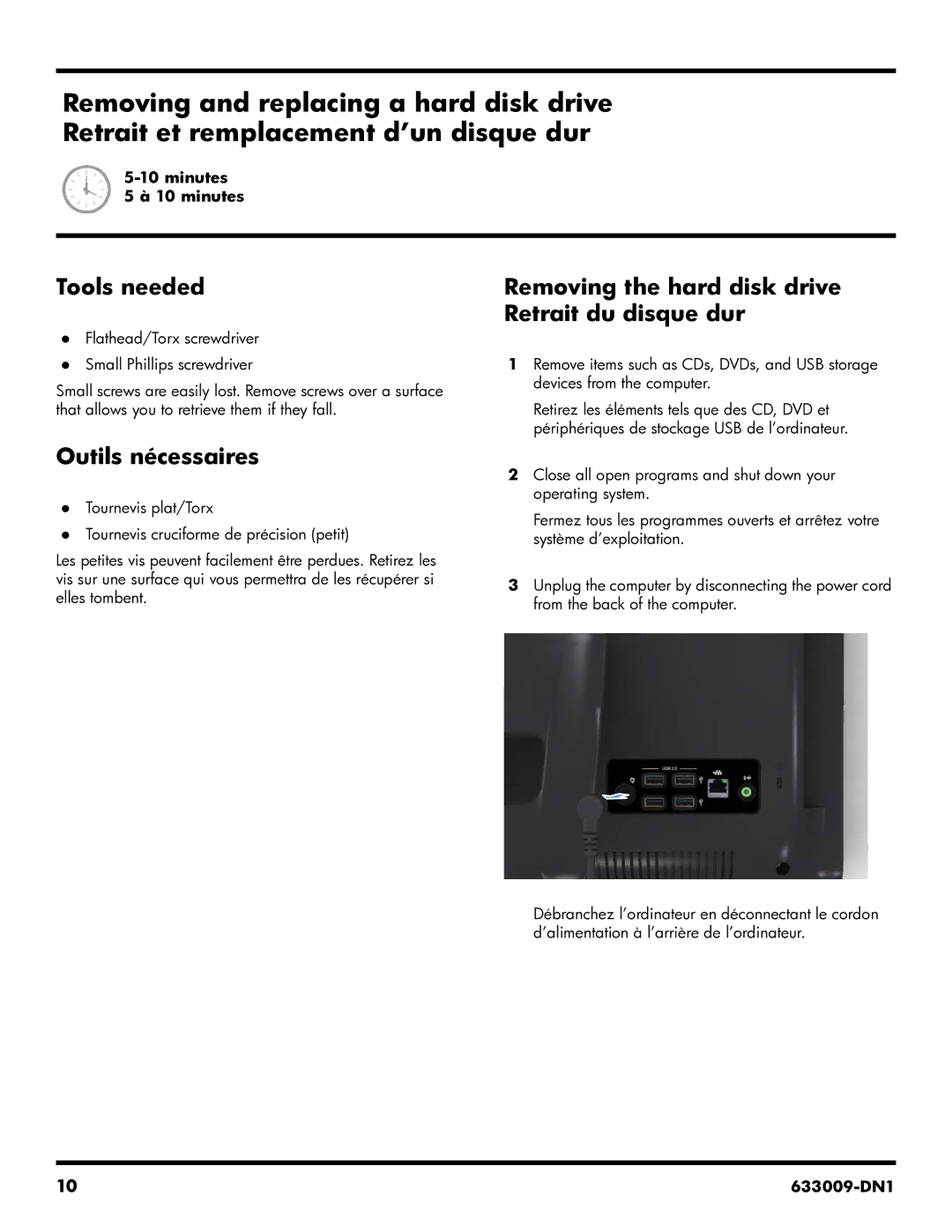 HP CQ1-2025 manual Tools needed, Removing the hard disk drive Retrait du disque dur 