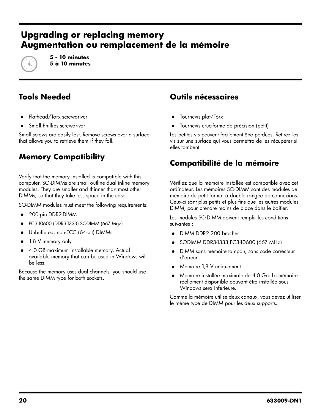 HP CQ1-2025 manual Memory Compatibility, Compatibilité de la mémoire 