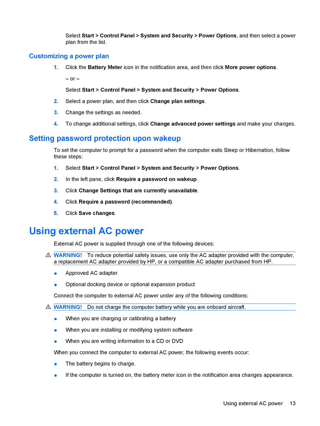 HP CQ10-100, CQ10-112NR manual Using external AC power, Setting password protection upon wakeup, Customizing a power plan 
