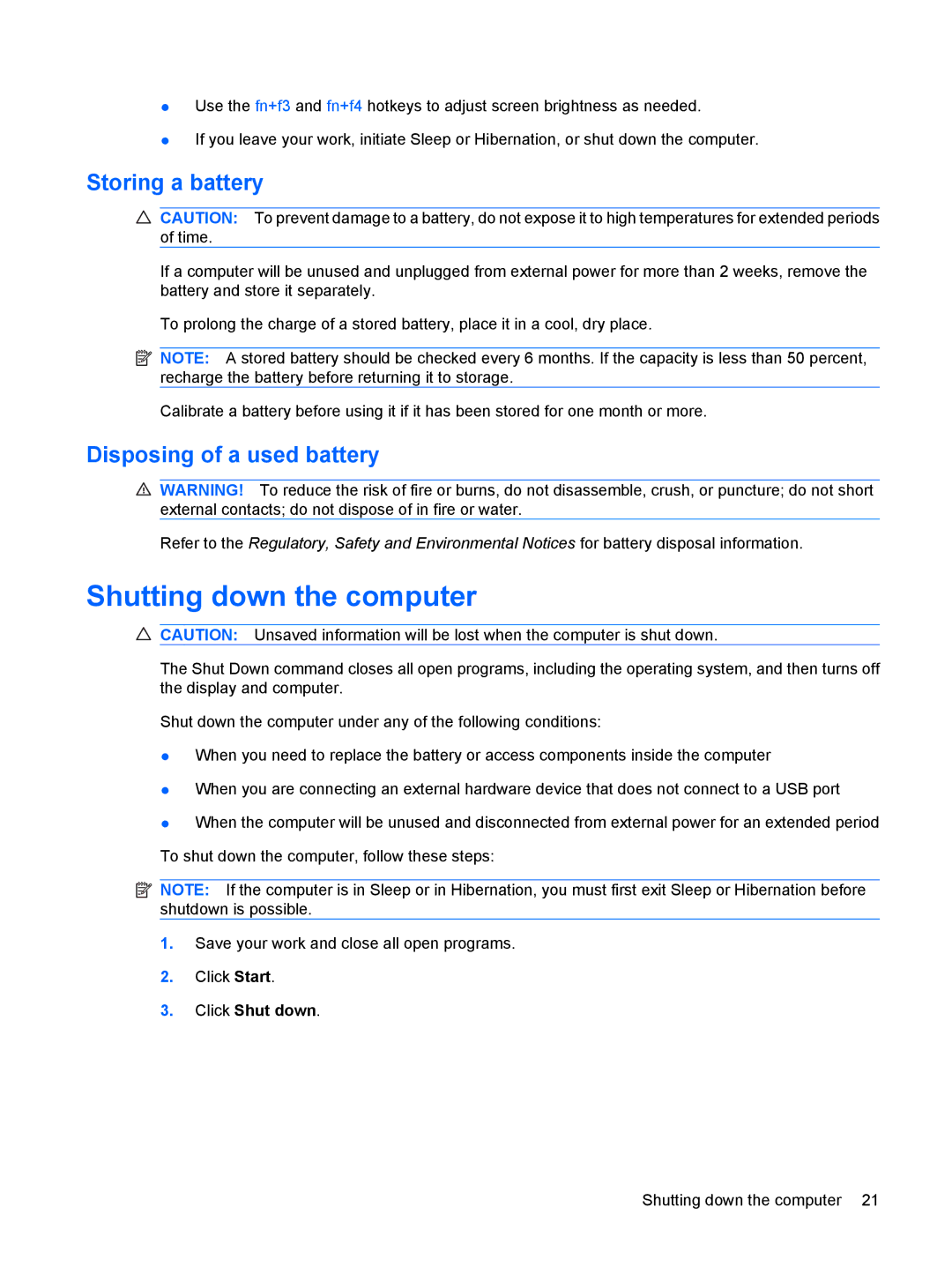 HP CQ10-100EB, CQ10-112NR, CQ10-130EF, CQ10-120CA Shutting down the computer, Storing a battery, Disposing of a used battery 