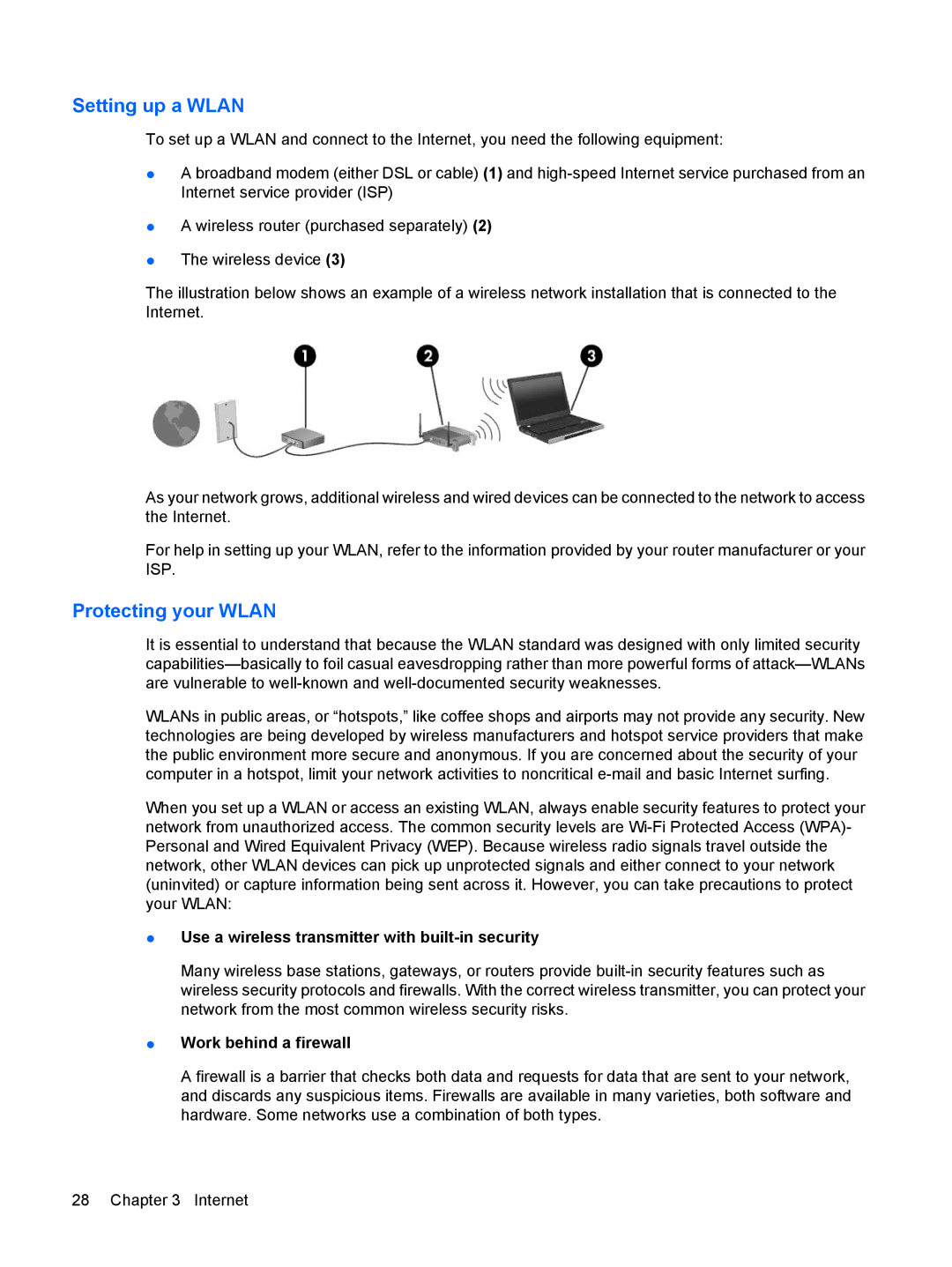 HP CQ10-112NR, CQ10-130EF, CQ10-120CA, CQ10-110SB, CQ10-100EB manual Setting up a Wlan, Protecting your Wlan 