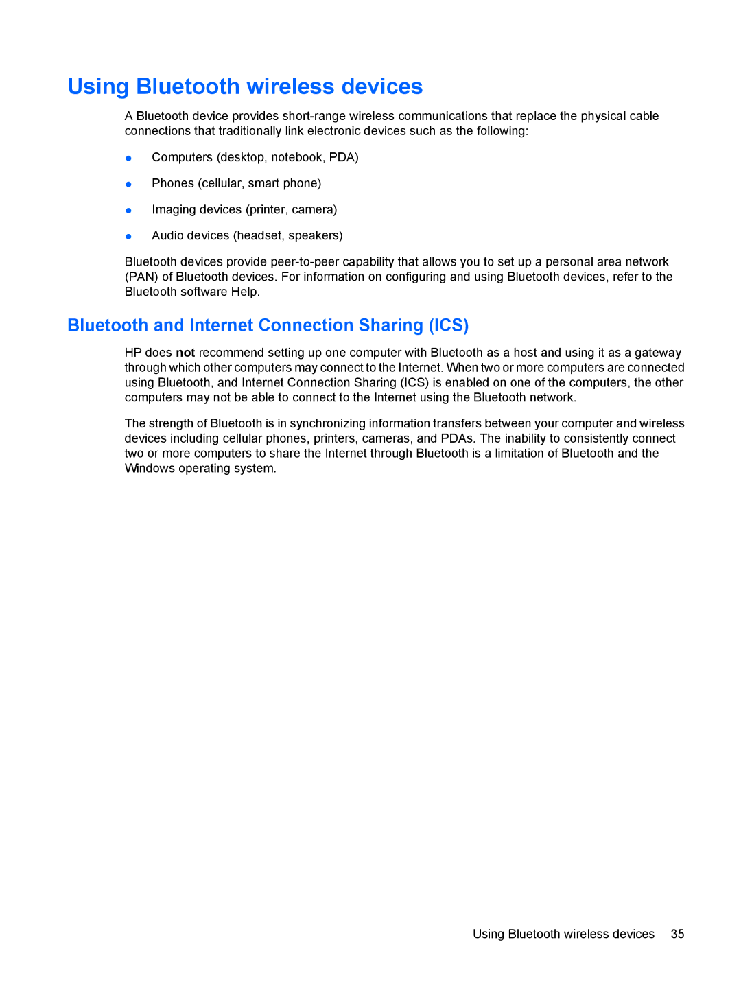 HP CQ10-130EF, CQ10-112NR, CQ10-120CA manual Using Bluetooth wireless devices, Bluetooth and Internet Connection Sharing ICS 