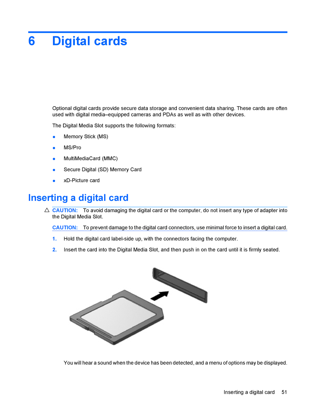 HP CQ10-100EB, CQ10-112NR, CQ10-130EF, CQ10-120CA, CQ10-110SB manual Digital cards, Inserting a digital card 