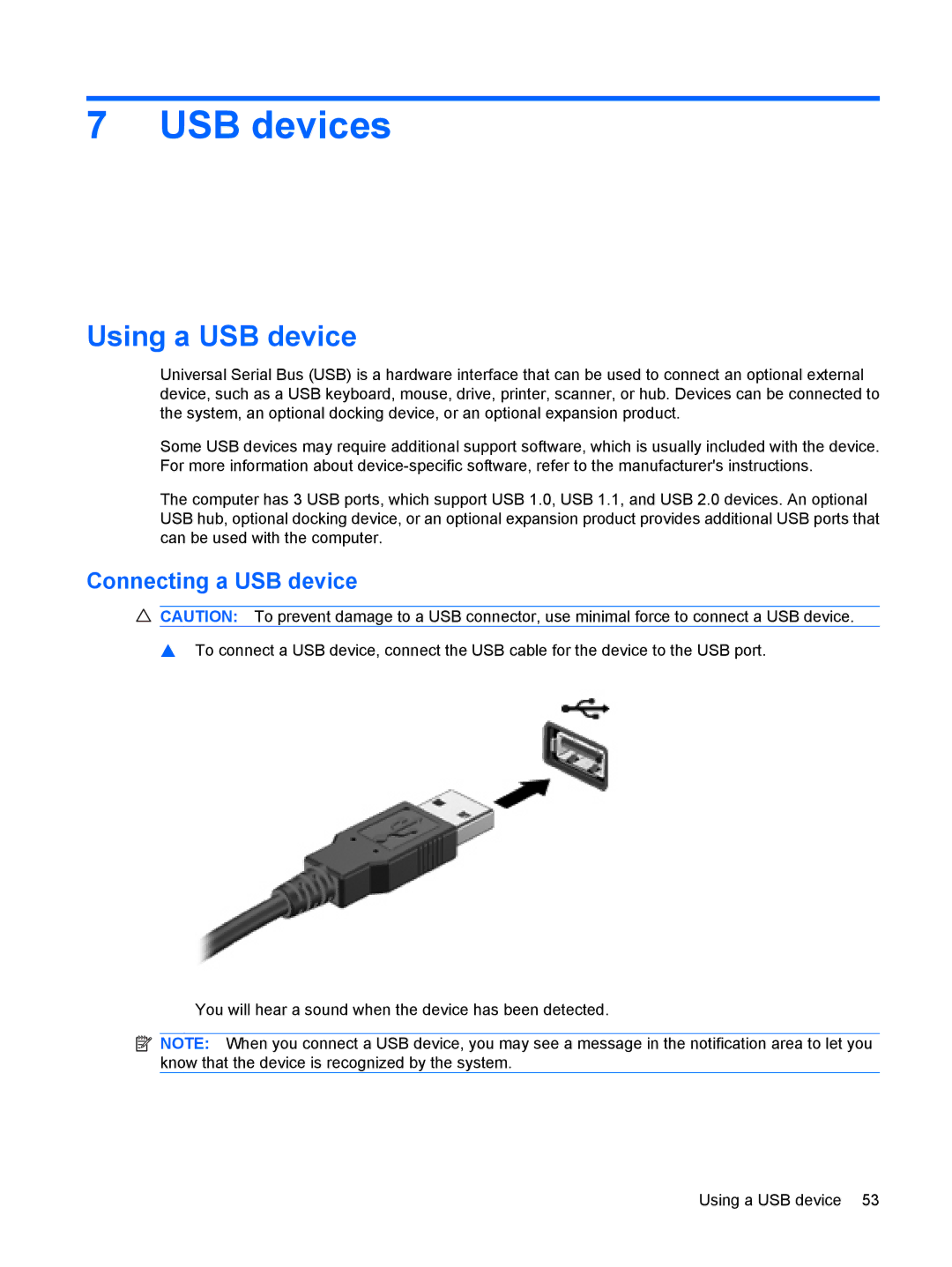 HP CQ10-130EF, CQ10-112NR, CQ10-120CA, CQ10-100, CQ10-110SB manual USB devices, Using a USB device, Connecting a USB device 