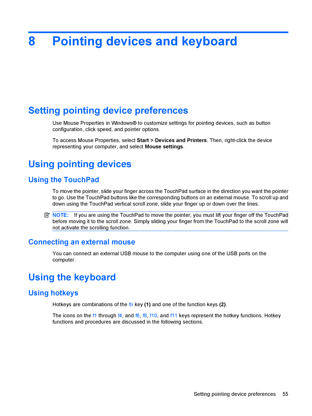 HP CQ10-100 Pointing devices and keyboard, Setting pointing device preferences, Using pointing devices, Using the keyboard 